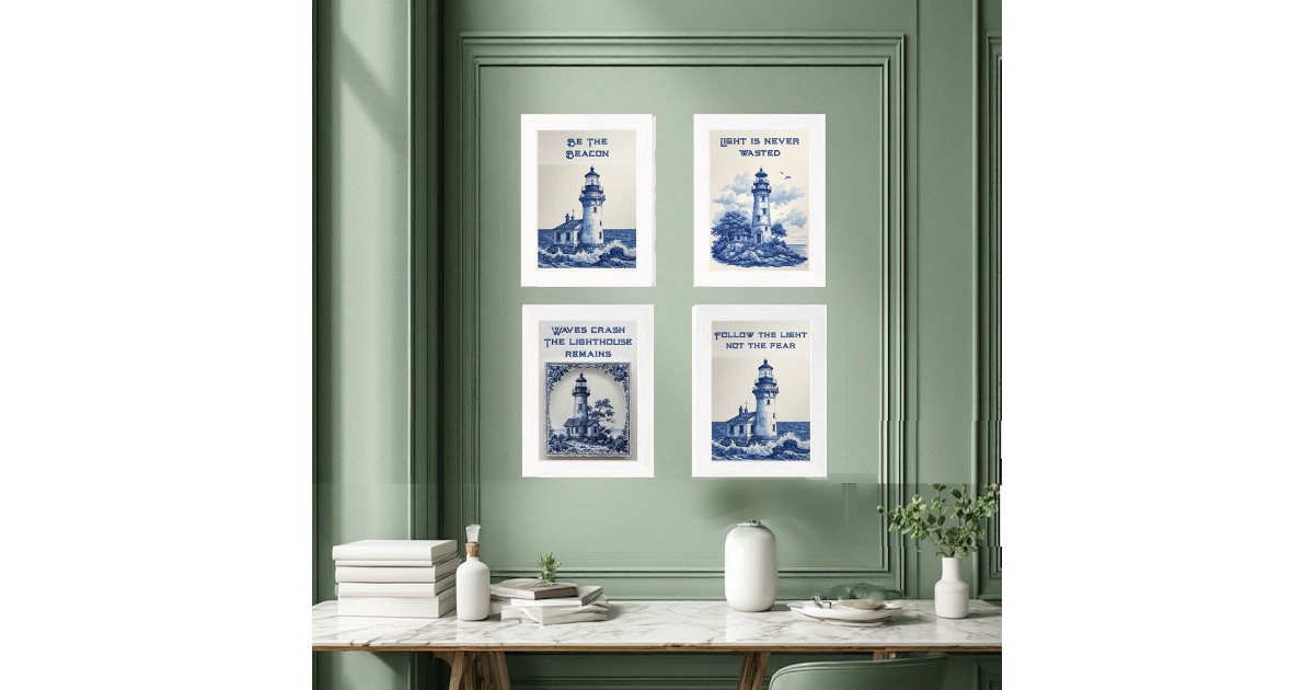 Beacon of Hope Lighthouse Coastal Wall Decor Blue Art Sets | Zazzle