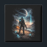 Beacon on the Distant World Magnet<br><div class="desc">A lone explorer stands on an alien landscape beneath a ringed planet and a mysterious cosmic signal piercing the night sky.</div>