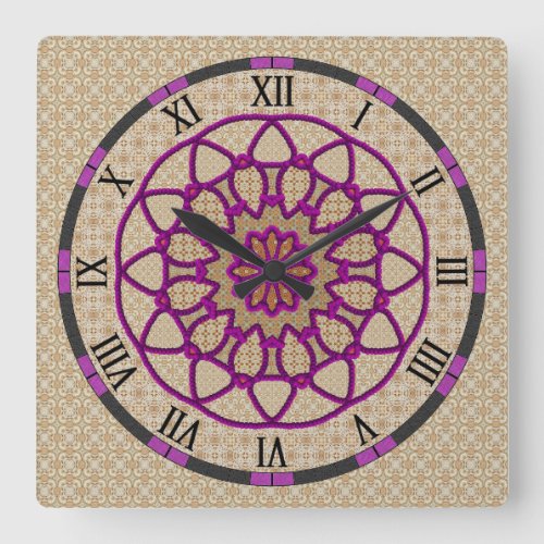 Beaded Mandala On Patterned Background Square Wall Clock