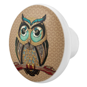 Beaded Owl - Art Deco Turquoise and Gold Beads Ceramic Knob