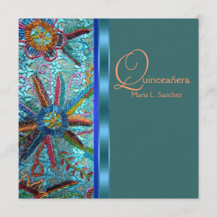 Beaded Turquoise Blue Orange Quinceanera Invitation