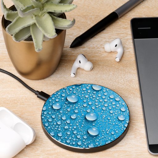 Beaded Water Droplets on Blue Wireless Charger