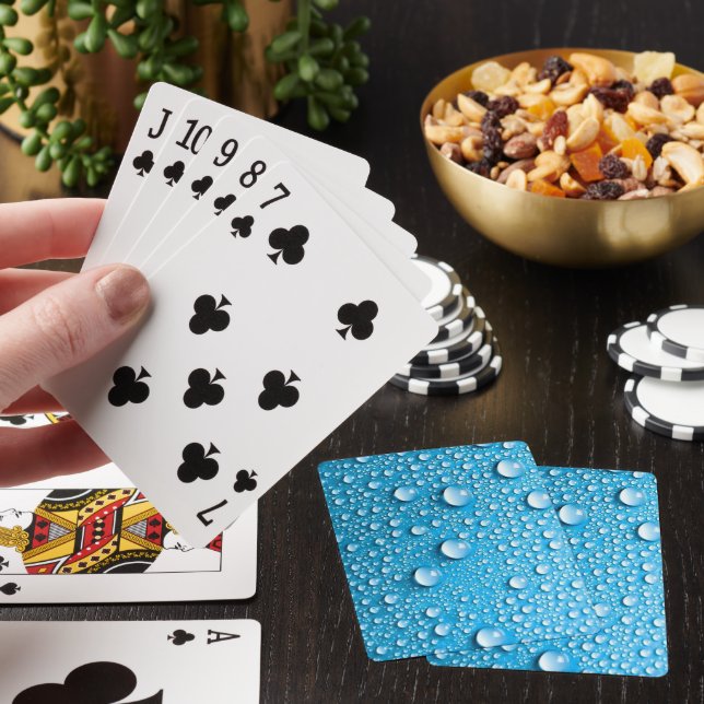 Beaded Water Droplets on Ocean Blue Poker Cards (In Situ)