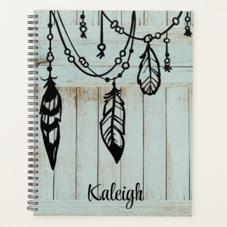 Beads and Feathers on Weathered Blue Barn Boards   Planner
