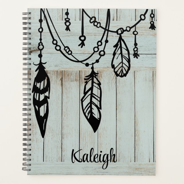 Beads and Feathers on Weathered Blue Barn Boards   Planner (Front)