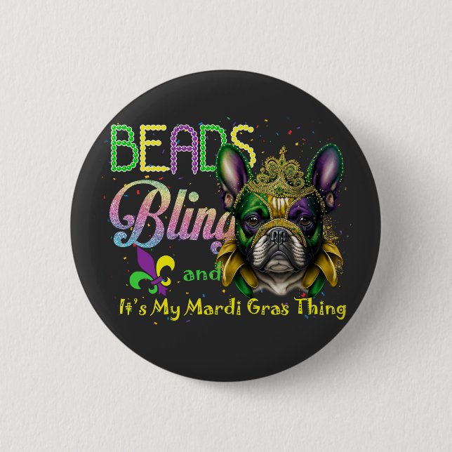Beads Bling French Bulldog Mardi Gras Thing Button (Front)