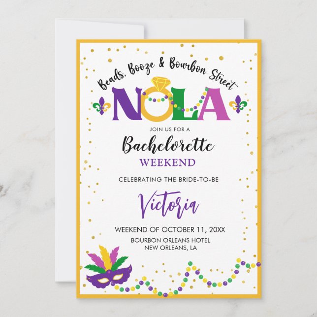 BEADS,BOOZE AND BOURBON STREET NOLA BACHELORETTE  INVITATION (Front)