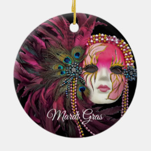 Beads, Feathers and Mardi Gras Mask Ceramic Ornament