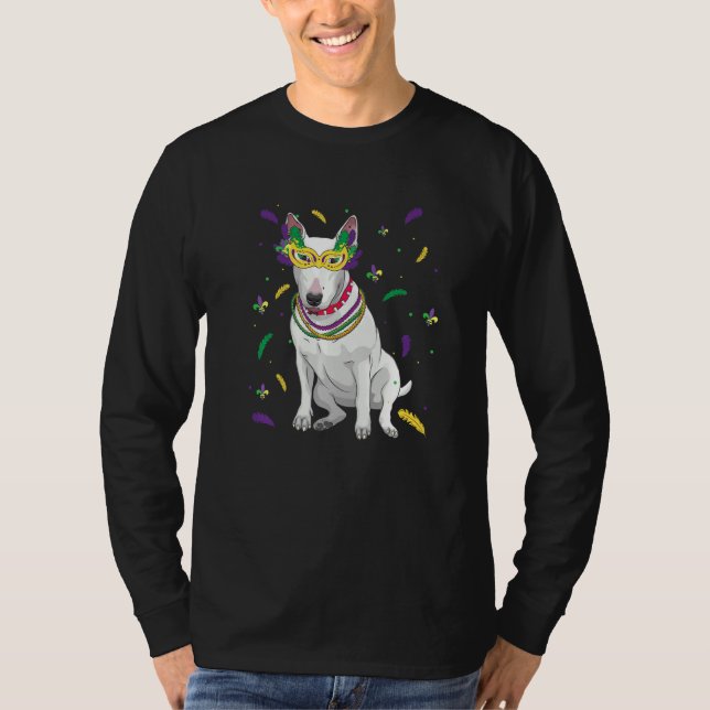Beads & Mask Bull Terrier Mardi Gras Dog Mom Dad T-Shirt (Front)