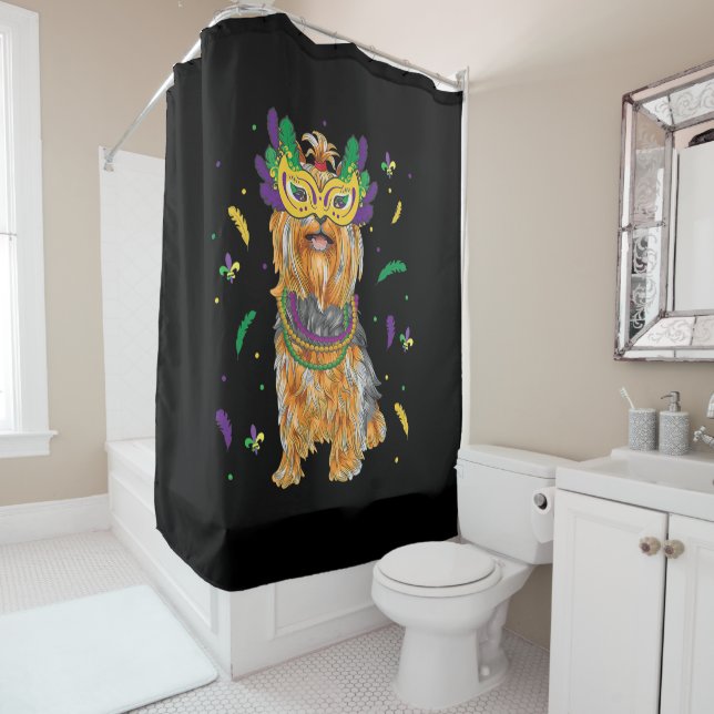 Beads & Mask Yorkshire Terrier Mardi Gras Dog Mom Shower Curtain (In Situ)