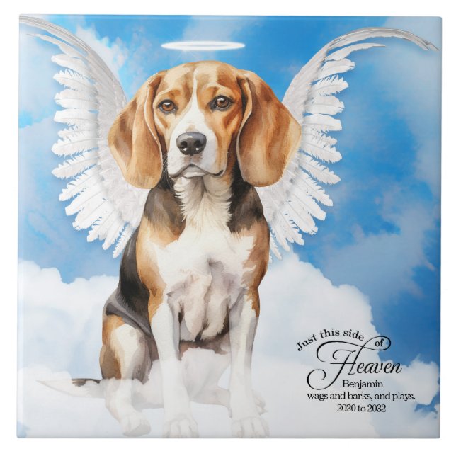 Beagle Angel Dog Personalized Pet Memorial Ceramic Tile (Front)