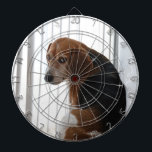 beagle attitude dartboard with darts<br><div class="desc">This portrait is a photo of a senior beagle making a silly,  cute beagle face.</div>
