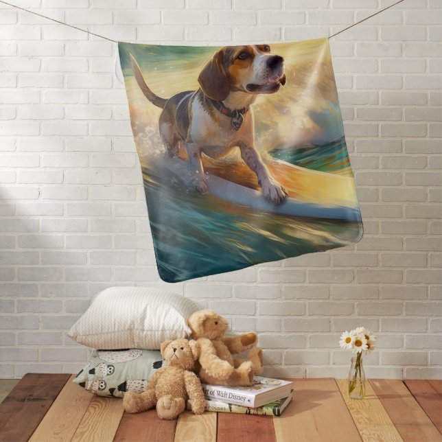 Beagle Beach Surfing Painting Baby Blanket (In Situ)