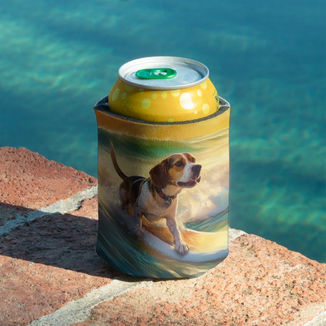 Beagle Beach Surfing Painting Can Cooler (In Situ Pool)
