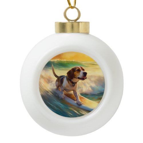 Beagle Beach Surfing Painting Ceramic Ball Christmas Ornament