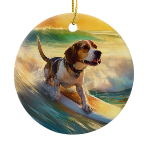 Beagle Beach Surfing Painting Ceramic Ornament