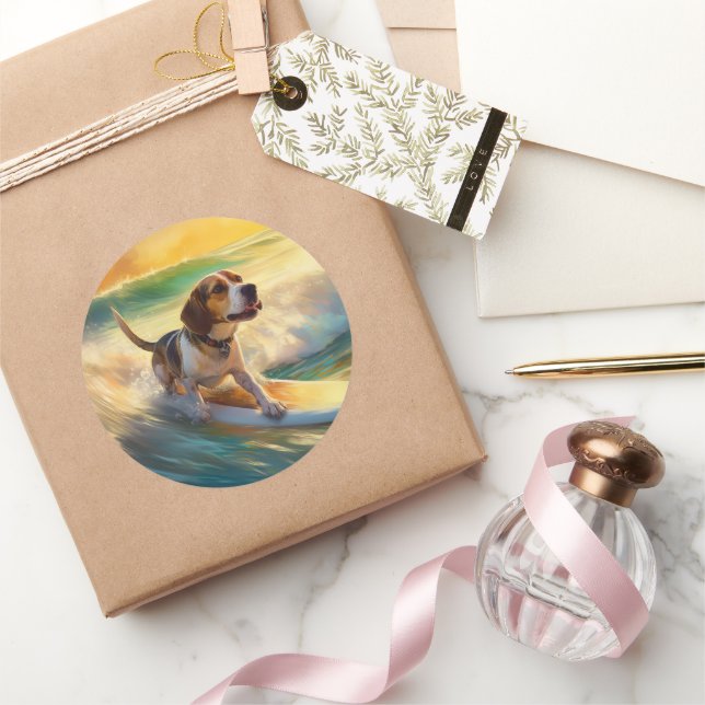 Beagle Beach Surfing Painting Classic Round Sticker (Gifting)