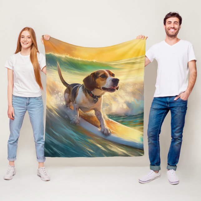 Beagle Beach Surfing Painting Fleece Blanket (In Situ)