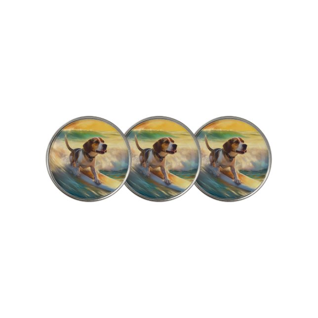 Beagle Beach Surfing Painting Golf Ball Marker (3 Up)