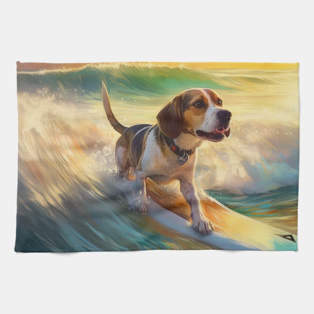 Beagle Beach Surfing Painting Kitchen Towel (Horizontal)