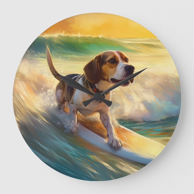 Beagle Beach Surfing Painting Large Clock (Front)