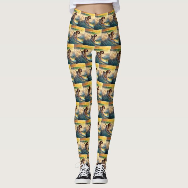Beagle Beach Surfing Painting Leggings (Front)