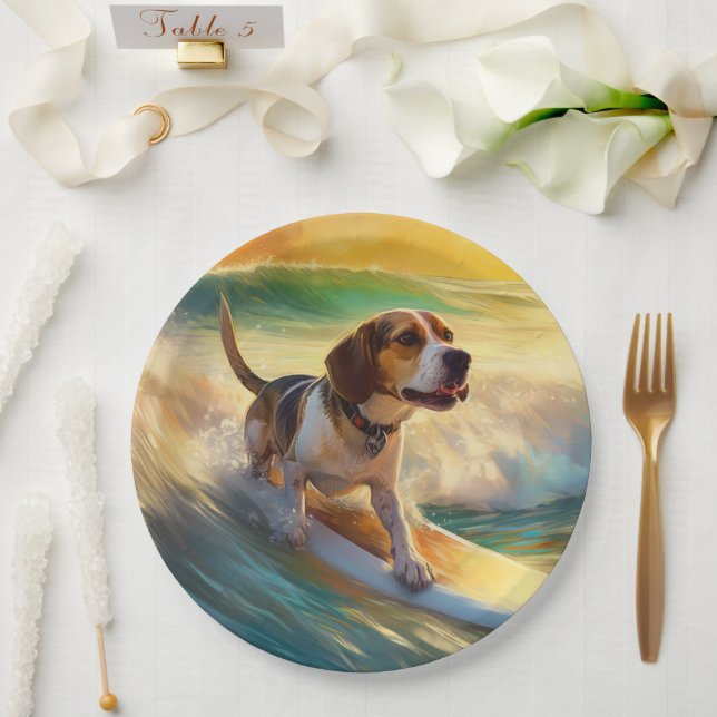 Beagle Beach Surfing Painting Paper Plates (Wedding)