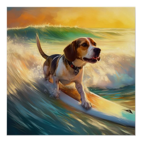 Beagle Beach Surfing Painting Poster