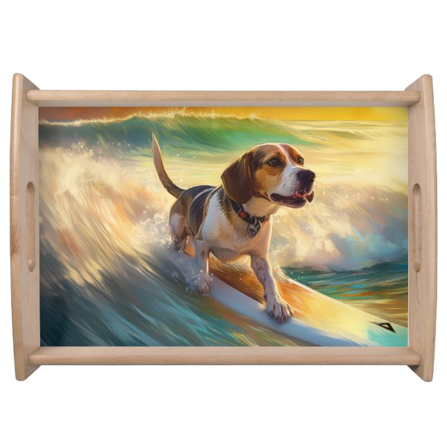 Beagle Beach Surfing Painting Serving Tray (Front)