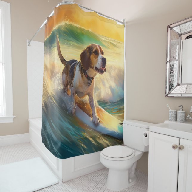 Beagle Beach Surfing Painting Shower Curtain (In Situ)