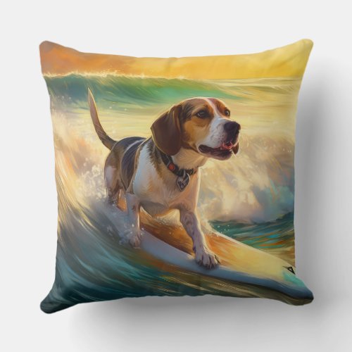 Beagle Beach Surfing Painting Throw Pillow