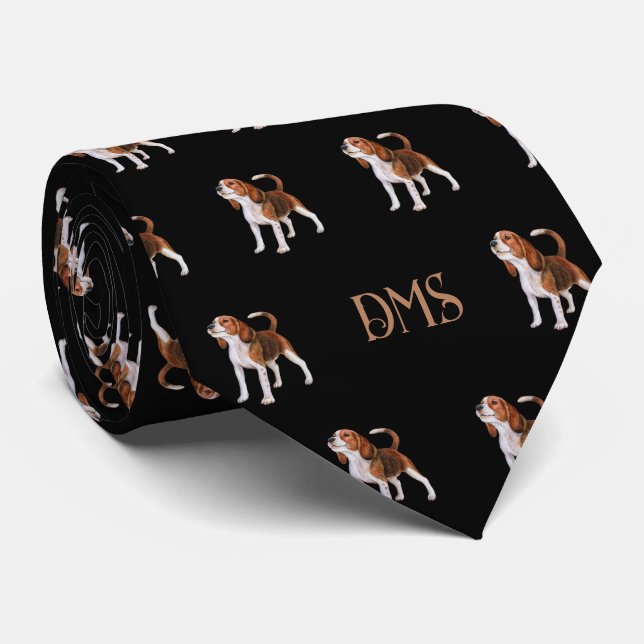 Beagle Bliss: Monogrammed Beagle Pattern Black Neck Tie (Rolled)