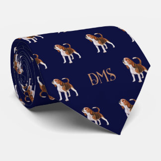 Beagle Bliss: Monogrammed Beagle Pattern Navy Blue Neck Tie