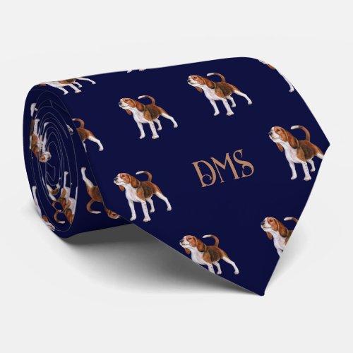 Beagle Bliss Monogrammed Beagle Pattern Navy Blue Neck Tie