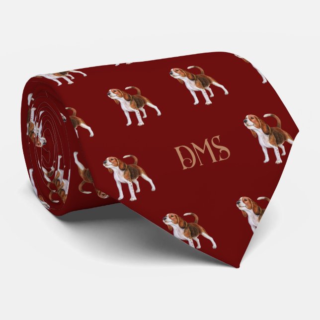 Beagle Bliss: Monogrammed Beagle Pattern Red Neck Tie (Rolled)