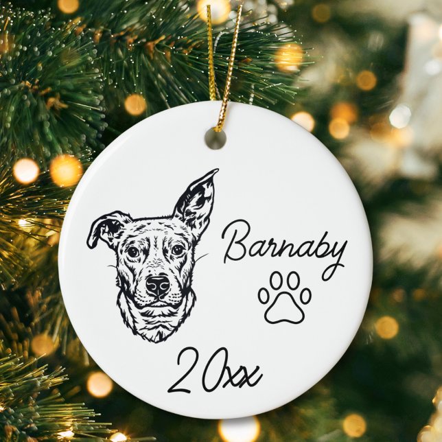 Beagle Bull Cross Dog Custom Name & Year Line Art Ceramic Ornament (Beagle Bull Cross Dog Custom Name and Year Ornament with Paw Print. Black and White Line Art Modern)