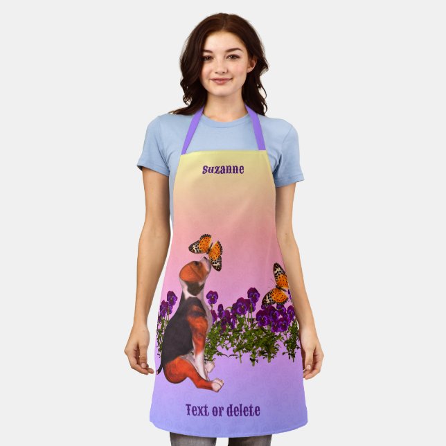 Beagle Butterflies Flowers Animal Personalized Apron (Worn)