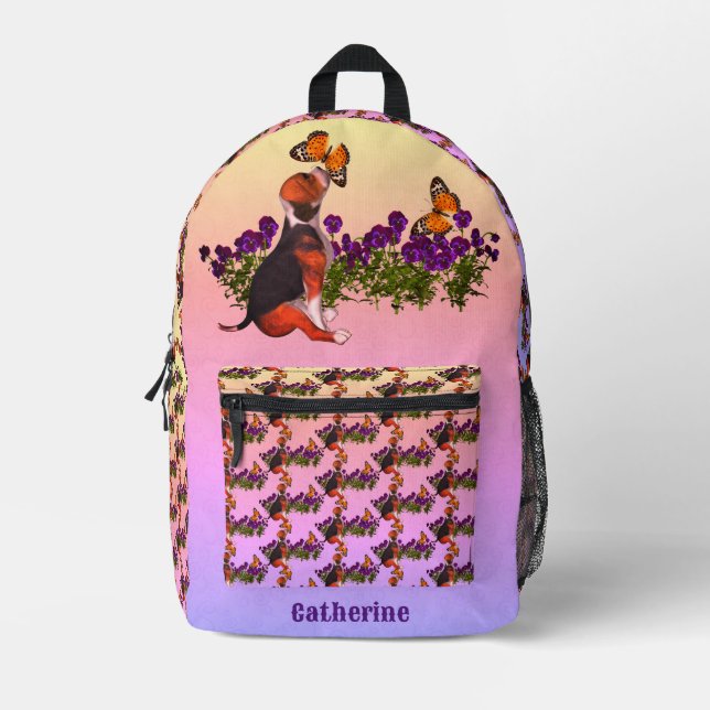 Beagle Butterflies Flowers Animal Personalized Printed Backpack (Front)