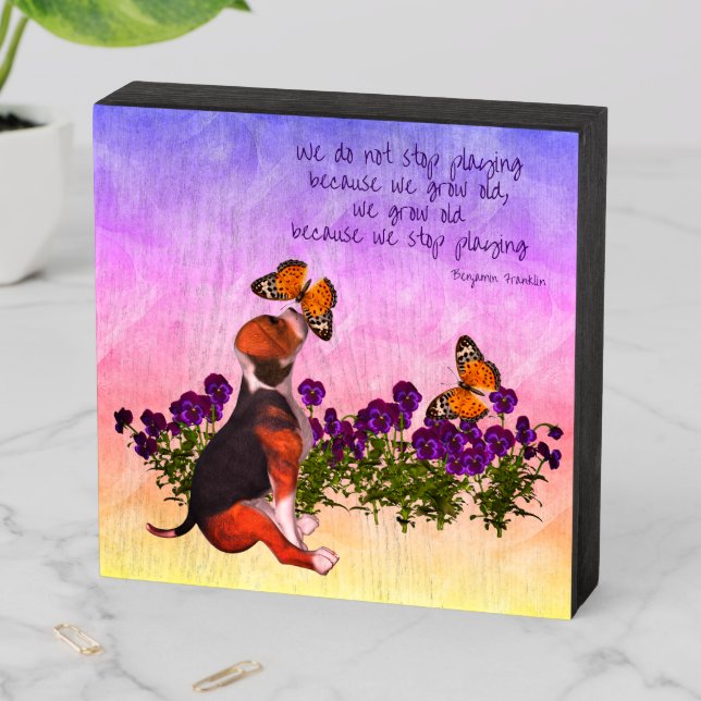Beagle Butterflies Flowers Inspirational Age Quote Wooden Box Sign (In Situ Horizontal)