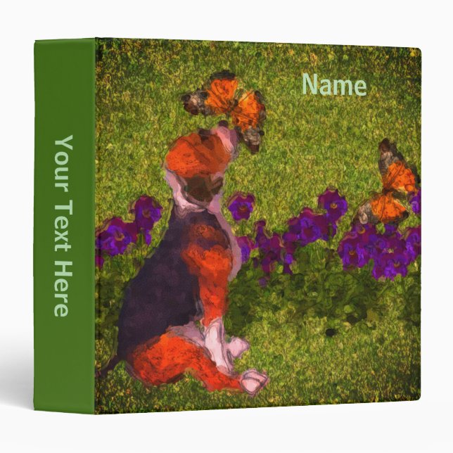 Beagle Butterflies Flowers Painting Personalized 3 Ring Binder (Front/Spine)