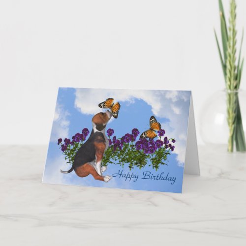Beagle Butterflies Pansies Cute Birthday Card