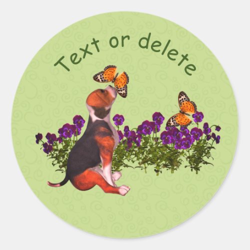 Beagle Butterflies Pansies Cute Personalized Classic Round Sticker