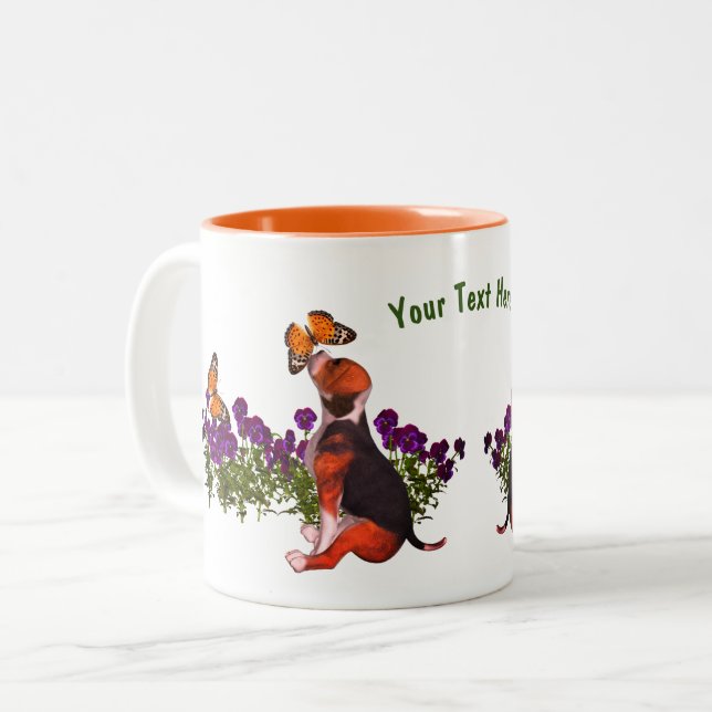 Beagle Butterflies Pansies Cute Personalized Two-Tone Coffee Mug (Front Left)