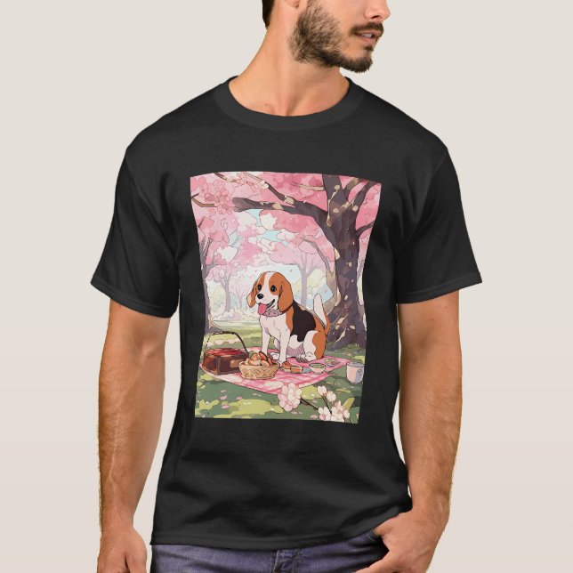 Beagle Cherry Blossom Funny Dog Picnic T-Shirt (Front)