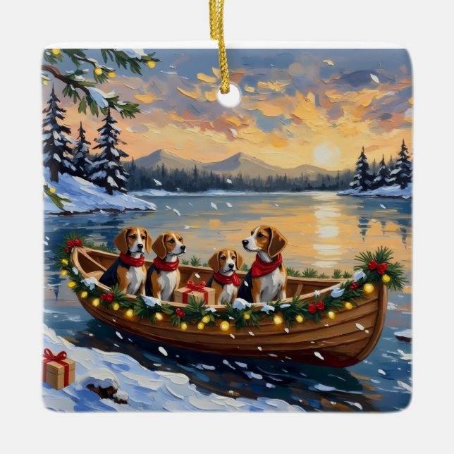 Beagle Christmas Boat Holiday Ceramic Ornament (Front)