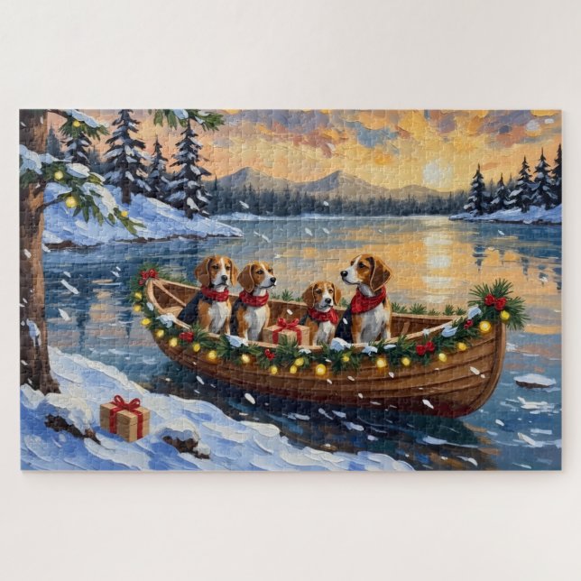 Beagle Christmas Boat Holiday Jigsaw Puzzle (Horizontal)