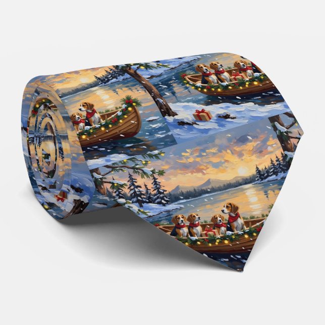 Beagle Christmas Boat Holiday Neck Tie (Rolled)