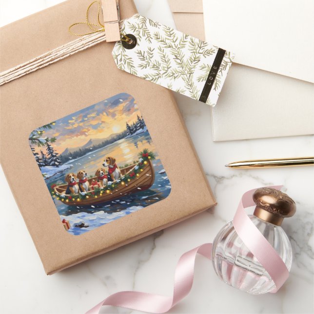 Beagle Christmas Boat Holiday Square Sticker (Gifting)