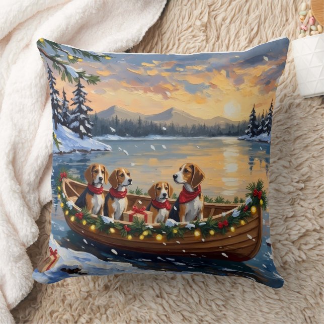 Beagle Christmas Boat Holiday Throw Pillow (Blanket)
