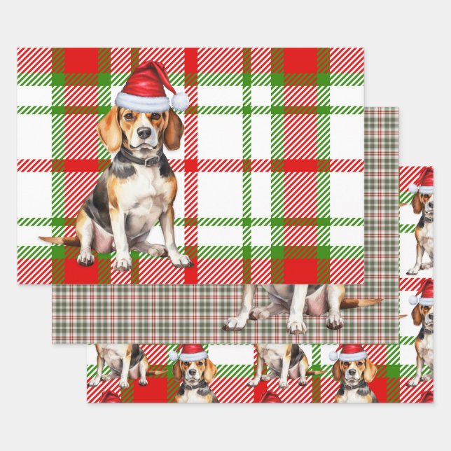 Beagle Christmas Dog Red Holiday Plaid Wrapping Paper Sheets (Set)